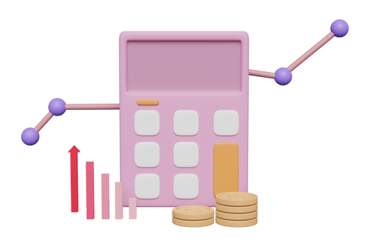 3D calculator icon with coins stack, charts graph isolated. analytics calculating financial risk concept, 3d render illustration png