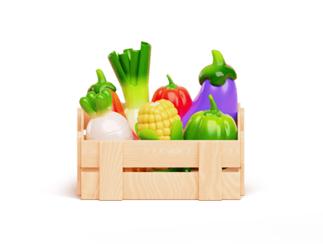 Wooden box with fresh and healthy vegetables cartoon 3d render illustration png