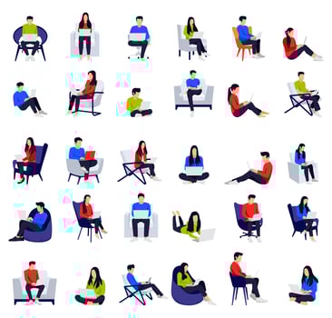 Freelancer character big set male and female sitting on sofa armchair doing work on laptop with different pose and position isolated vector