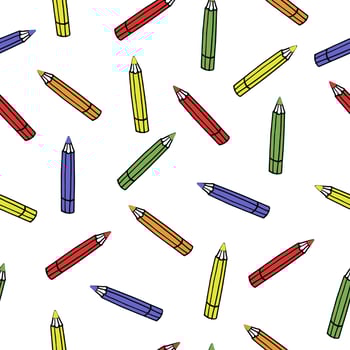 Seamless pattern with colored pencils and school lettering on white background. School and childhood concept vector