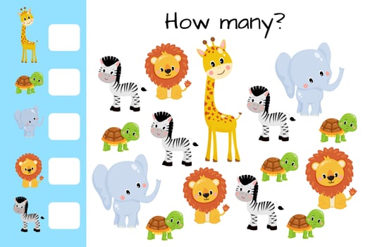 Counting game, count zoo animals and write result. Kids educational logic game. Educational printable math worksheet. Vector illustration isolated on white background.