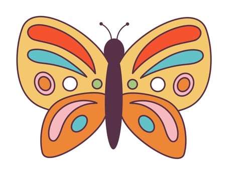 Retro 70s Groovy Hippie sticker butterfly. Psychedelic cartoon element -funky illustration in vintage hippy style. Vector flat illustration for banner, flyer, invitation, card.