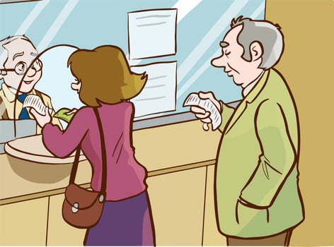 people making transactions at the bank people paying at the cashier cartoon vector