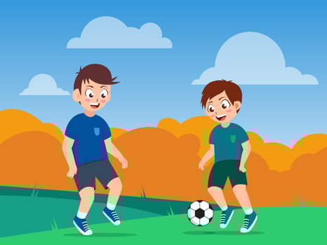 boys play football or soccer on the field, cartoon vector illustration