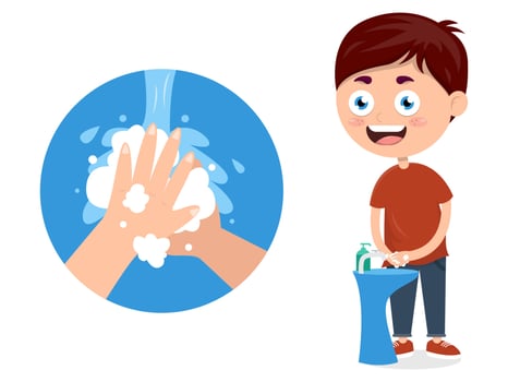 little boy washing hands with liquid soap to prevent against viruses, cartoon vector illustration