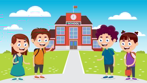 welcome back to school, kids in front of school cartoon vector illustration