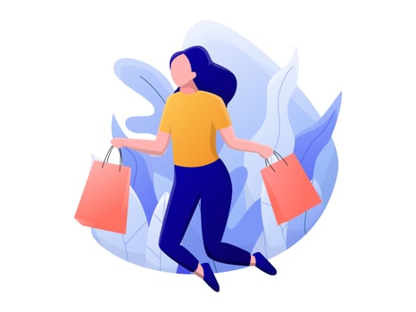 happy cartoon young woman jumping with 2 shopping bags during the sale or discount at the market or shop, vector flat illustration.