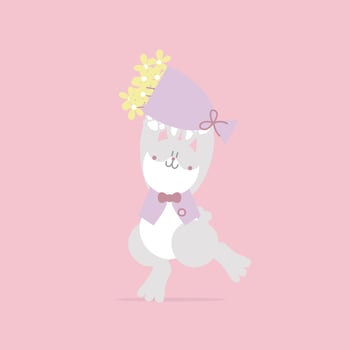 animal pet bunny rabbit and flower, valentines day, happy easter, flat vector illustration cartoon character