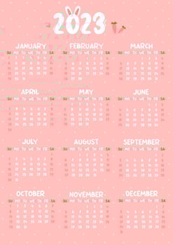 Calendar 2023, cute sweet pink rabbit on polka dot background vector