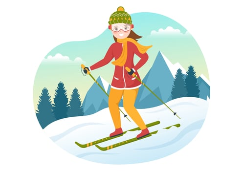 Ski Illustration with Skiers Sliding Near Mountain Going Downhill in Skiing Resort in Flat Winter Sport Activities Cartoon Hand Drawn Templates vector