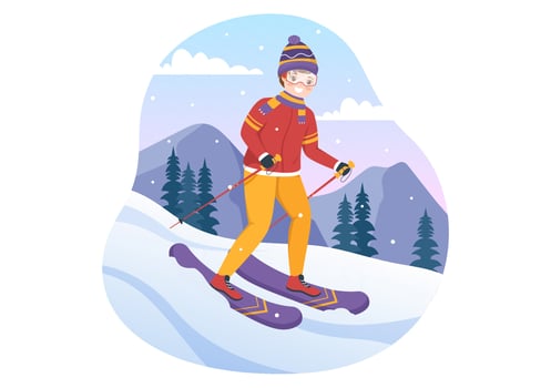 Ski Illustration with Skiers Sliding Near Mountain Going Downhill in Skiing Resort in Flat Winter Sport Activities Cartoon Hand Drawn Templates vector