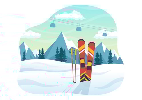 Ski Illustration with Skiers Sliding Near Mountain Going Downhill in Skiing Resort in Flat Winter Sport Activities Cartoon Hand Drawn Templates vector