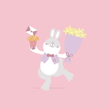 animal pet bunny rabbit and flower, cup cake, love letter, valentines day, happy easter, flat vector illustration cartoon character