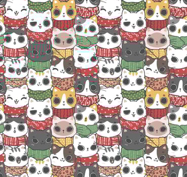 cute background pattern seamless doodle winter scarf kitten cat doodle cartoon clip art collection, illustration vector animal hand drawing
