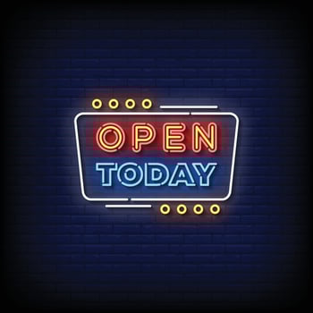 neon sign open today with brick wall background vector illustration