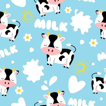 Cute seamless pattern with Cow, Milk splash, Drops, Chamomile and Sun on a blue background. Vector illustration.