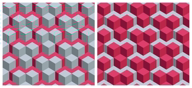 Seamless 3D cube geometric pattern background. Trend color of the year 2023 Viva Magenta. Design texture elements for fabric, tile, banner, cover, poster, backdrop, wall. Vector illustration.