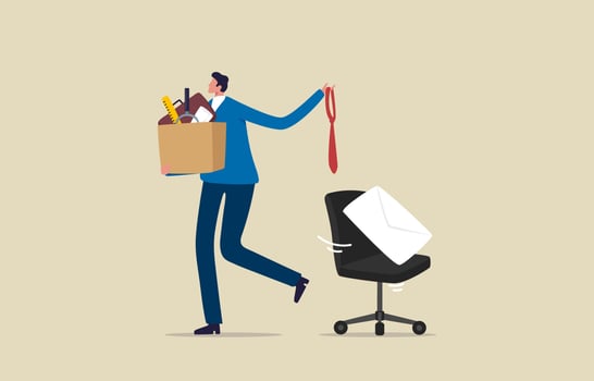 Employee resign, quit or leaving company. Businessman leaving the office. Unemployed with her cardboard box walking out of the work office. vector