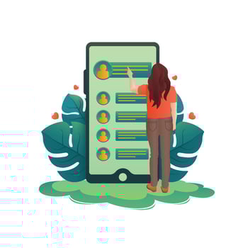 Online dating app illustration, selection profile, Text, sms, love, match, mobile, leaves, gradient, Character vector illustration.