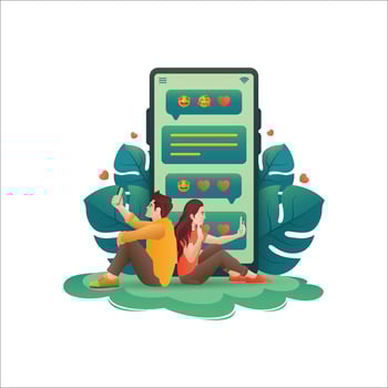 Online dating app illustration, Video call, video chat, love, match, mobile, leaves, gradient, Character vector illustration.