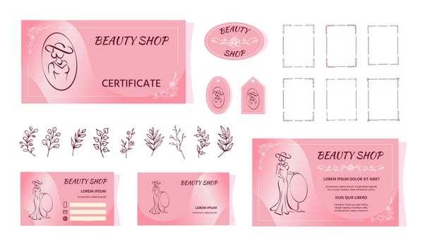 Visual brand identity, corporate style. Beauty parlor, fashion boutique design template set with ornate elements. Pink templates of certificate, leaflet, sticker, tag, business card vector