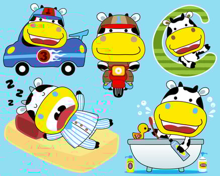 Vector set of little cow cartoon in different activity