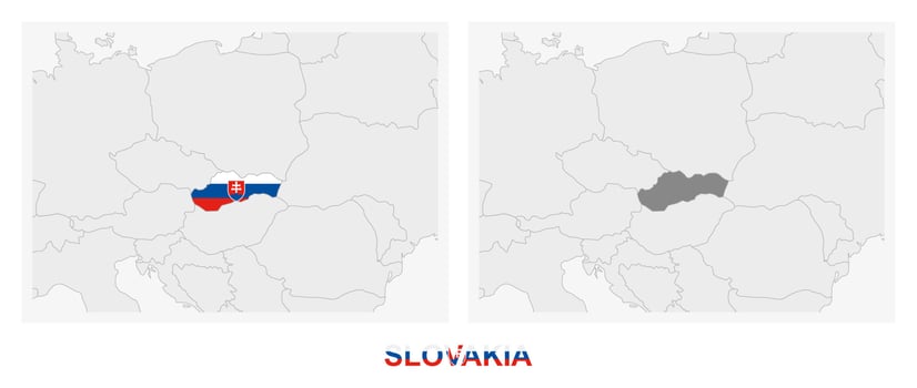 Two versions of the map of Slovakia, with the flag of Slovakia and highlighted in dark grey. vector