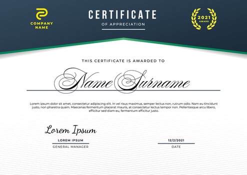 Certificate of appreciation template with deep blue and deep green gradient color, multipurpose, simple, and elegant design. vector