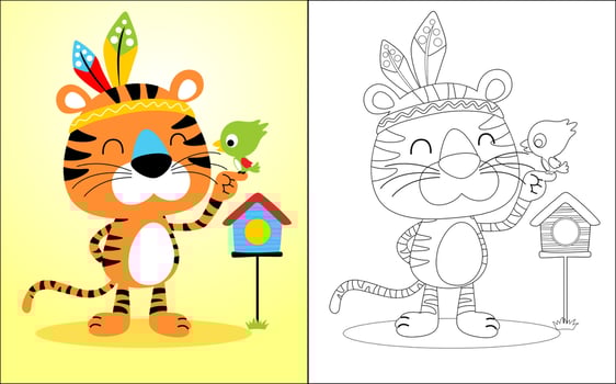 Vector illustration of coloring book with funny tiger cartoon in Indian tribe feather headdress and little bird