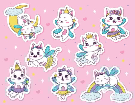 Sticker pack of drawn cute cartoon cats fairy with a magic wand in different poses in doodle style. vector illustration cat character collection