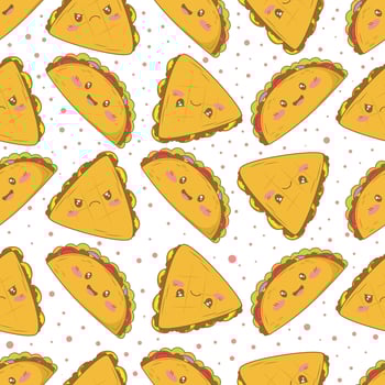 Seamless pattern with mexican tacos and quesadillas with funny faces in doodle cartoon style isolated on white background vector