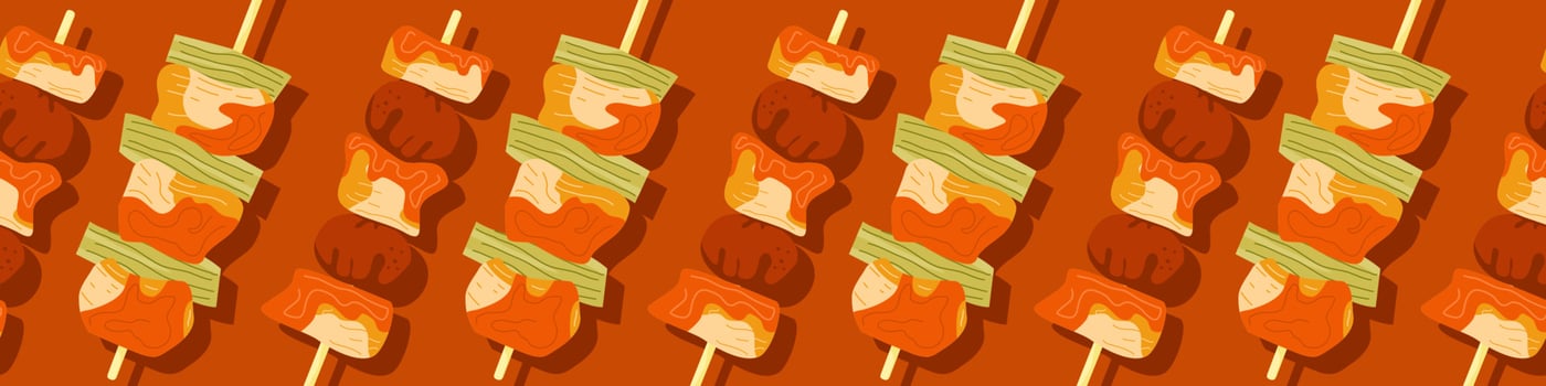 Korean street food banner. Horizontal seamless pattern from chicken skewers ddakkochi snack on stick. Cute colorful asian take away fast food dishes border. Vector illustration.