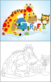 Coloring book or page of funny giraffe cartoon and cute owl with letters vector