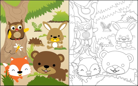 Coloring book or page with funny animals cartoon in the woods vector