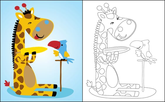 Coloring book or page of cute animals, giraffe sitting while holding corn with a little bird vector