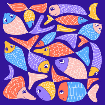 Cute colorful aquarium fish doodle. Funny kids naive abstract style. Patterned sardines, herring, guppies, goldfish. Square composition. Marine life souvenirs, print, wall decor. Vector illustration.