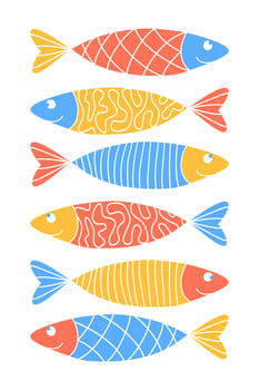 Vertical poster with cute doodle patterned sardines. Colorfull zentangle fish set. Herring motifs. Funny wall decor for kids nursery, positive art, sea food restaurant. Vector illustration.