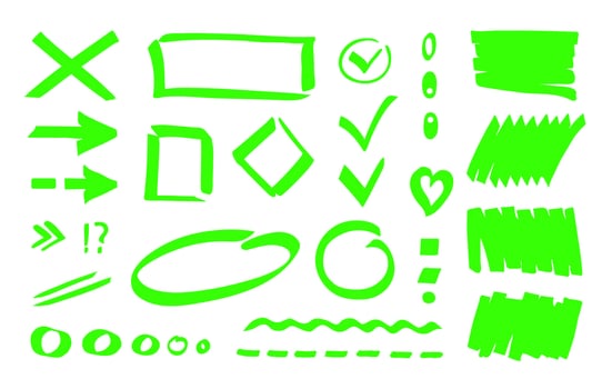 Marker highlighter stripe background, checkmark, oval, dot, line, dotted line, arrow, rectangle. Clip art, editable hand drawn design elements for notes, infographics, bullet journal, planning vector