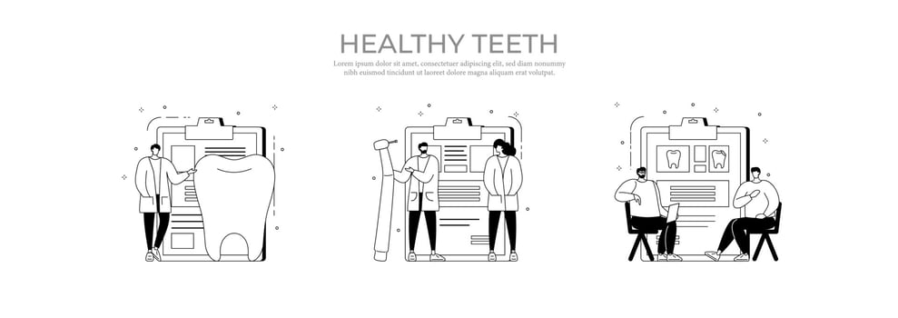 Set of vector flat black and white color teeth care concept square composition of medical check up dentist tools treatment and hygiene isolated vector illustration.