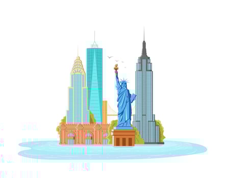 Illustration of New York City, vector landscape of buildings and the Statue of Liberty