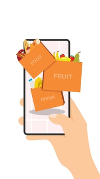 Concept of online shopping products through an app in a smartphone. Fast delivery from supermarket grocery bag with meat, milk, cheese, eggs, vegetables, fruits and green. Cartoon vector illustration.