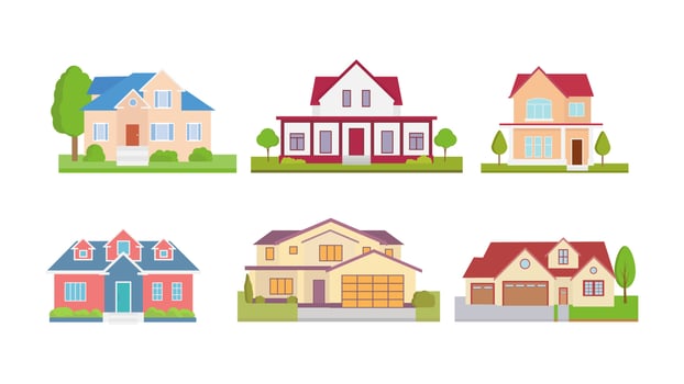 Set flat icons of houses and buildings isolated on white. Vector illustration.