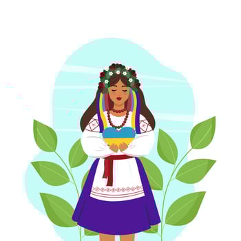 A Ukrainian woman in national clothes holds a yellow-blue heart in her hands. Vector illustration in flat style. Cute female character