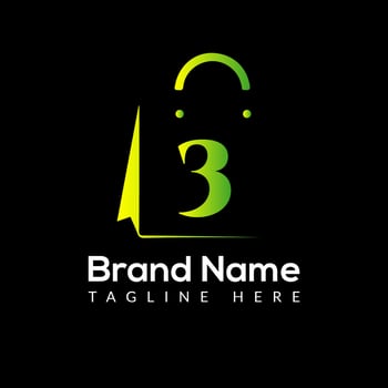 Shopping Bag Logo On Letter 3 Template. Shopping Bag On 3 Letter, Initial Shopping Bag Sign Concept Template vector