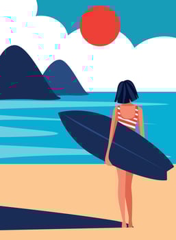 Vector illustration character girl on vacation surf goes to the ocean with a surfboard