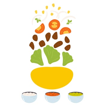 Ingredients for taco in cartoon flat style. Vector illustration of traditional Mexican food, Latin American cuisine with fresh vegetables, meat and corn tortilla