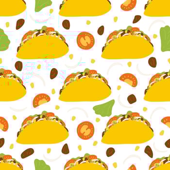 Seamless pattern with taco in flat style. Vector background with traditional Mexican food, folk cuisine, Latin American dish