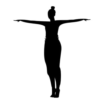 Silhouette of woman performing yoga asana on tiptoes with arms spread apart in different directions vector