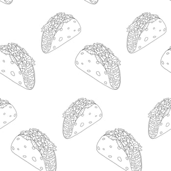 Endless pattern with Tacos from meat, lettuce and vegetables. Latin American cuisine. Mexican food vector