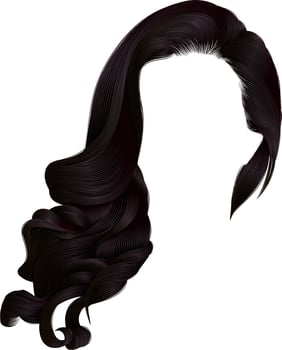 woman trendy long curly brunette hairs wig brown  . retro style . woman trendy long curly brunette hairs wig dark brown colors . retro style . beauty fashion . realistic 3d . vector